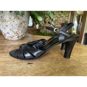 Amalfi by Rangoni Black Leather Strappy Sandals Italy Block Heel 10M